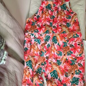 RUN AND FLY Pink Tiger Lily Stretch Twill Cotton Shorts Dungarees XL. Pre-Owned